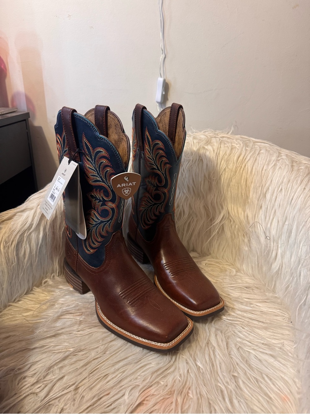 Ariat Brown Leather Cowboy Boots with Navy Embroidered Shaft